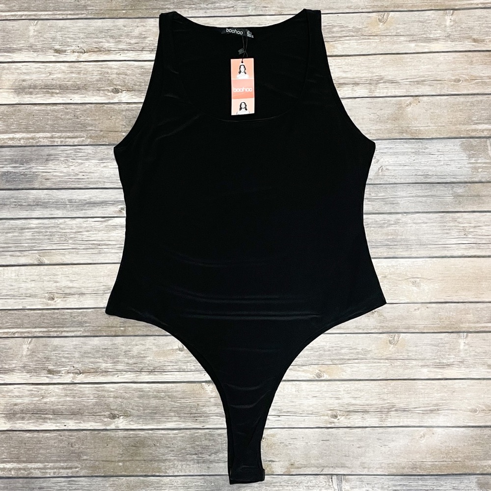 Boohoo Black Sleeveless Scoop Neck Plus Double Slinky Bodysuit NWT 14 RUNS SMALL
